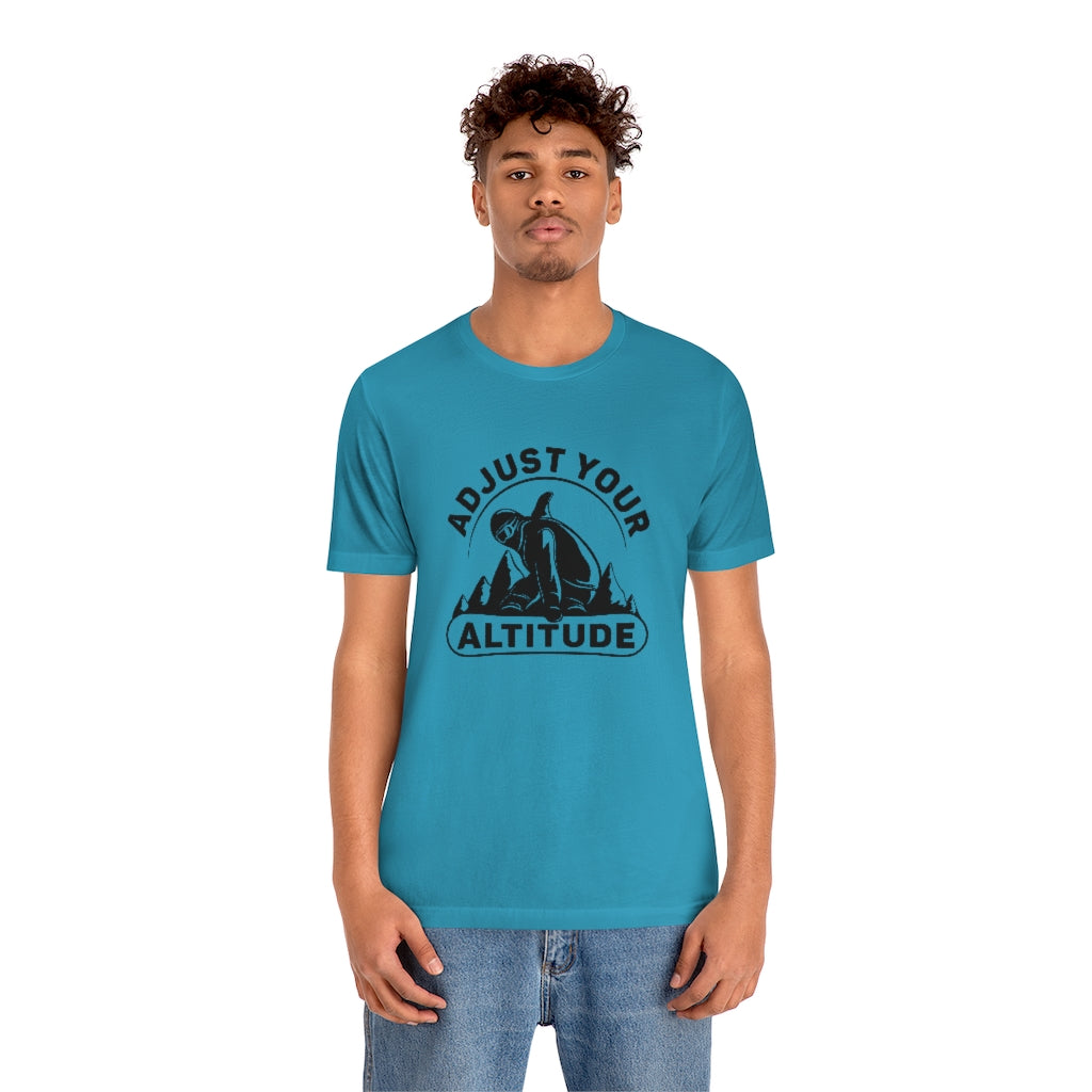 guy wearing adjust your altitude unisex aqua t-shirt