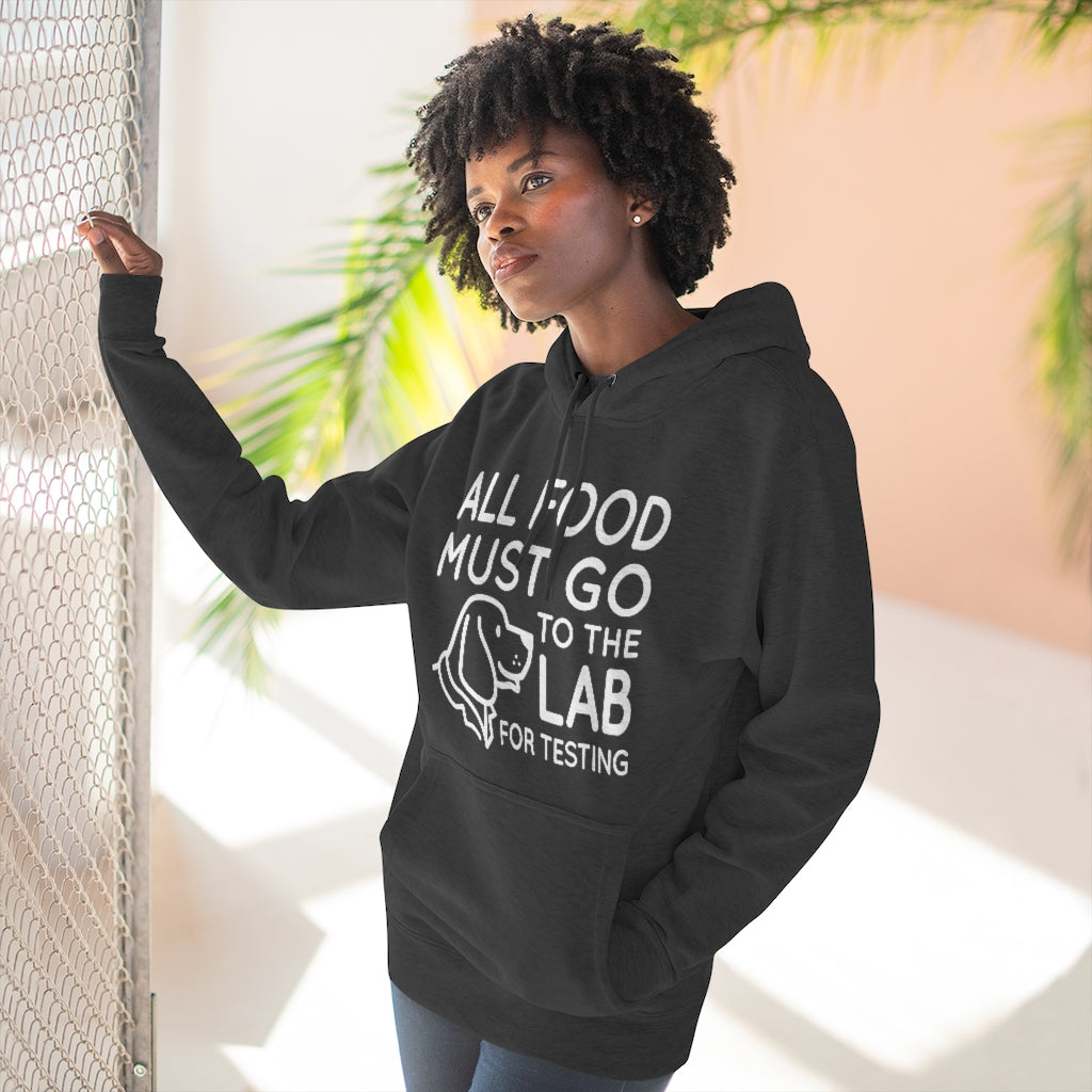 girl wearing all food must go to the lab for testing unisex charcoal heather hoodie