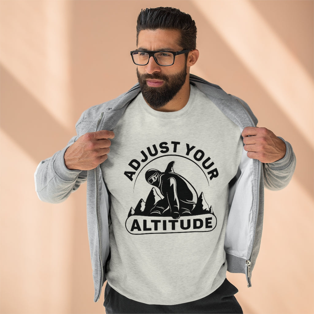 guy wearing adjust your altitude unisex oatmeal heather sweatshirt