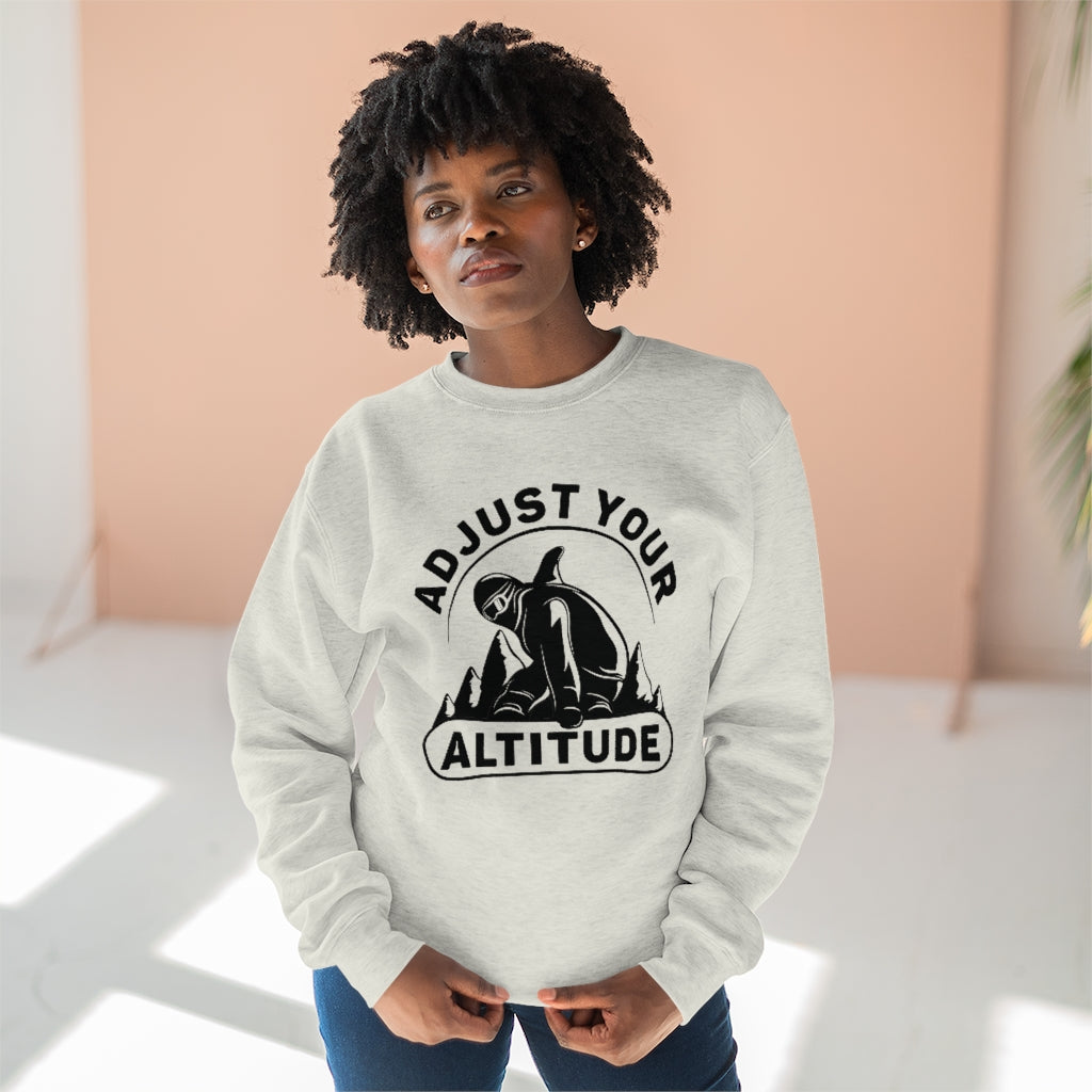 girl wearing adjust your altitude unisex oatmeal heather sweatshirt