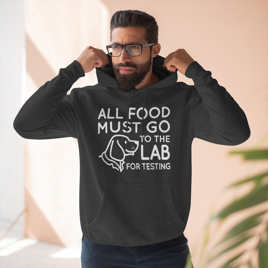 guy wearing all food must go to the lab for testing unisex charcoal heather hoodie